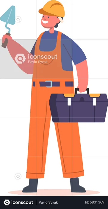 Kid Wear Builder Suit Holding Toolbox and Trowel  Illustration