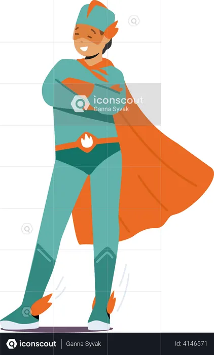 Kid Wear Super Hero Costume Standing with Crossed Arms  Illustration