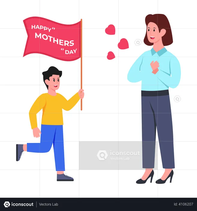 Kid with Happy Mother's Day flag  Illustration