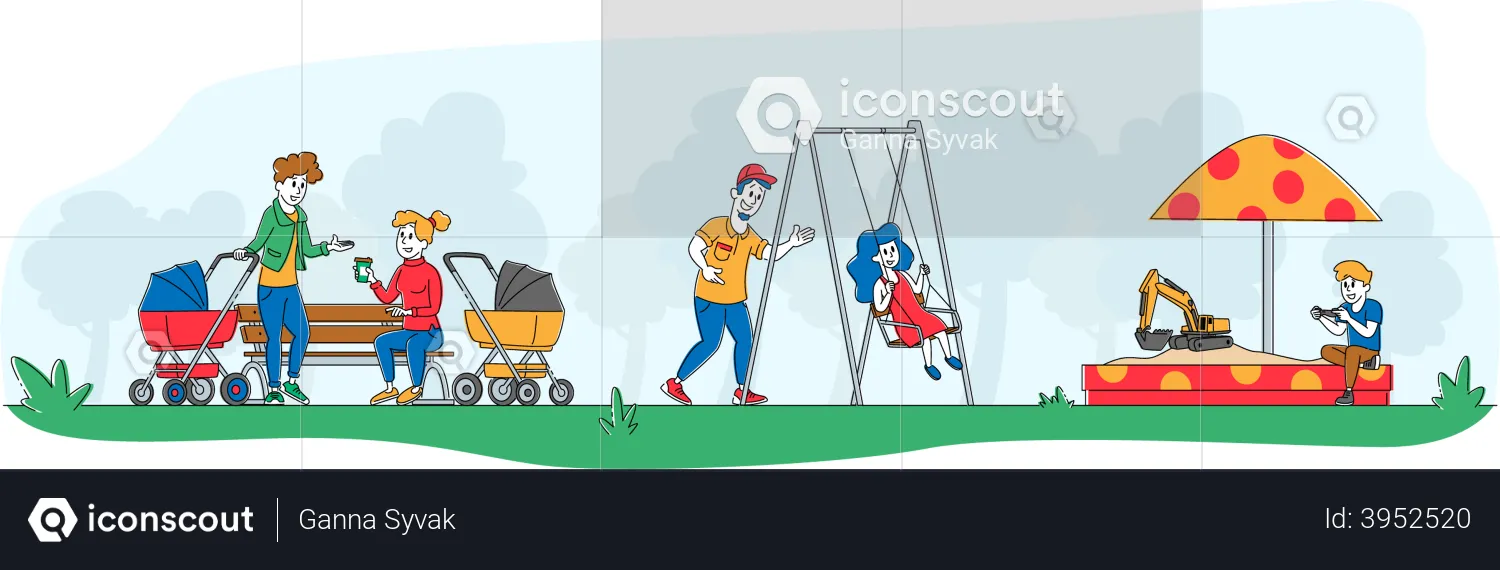 Kids and Parents Fun on Outdoor Playground  Illustration