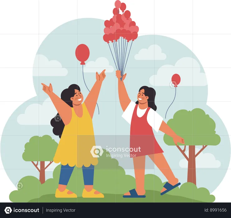 Kids are enjoying balloons in park  Illustration