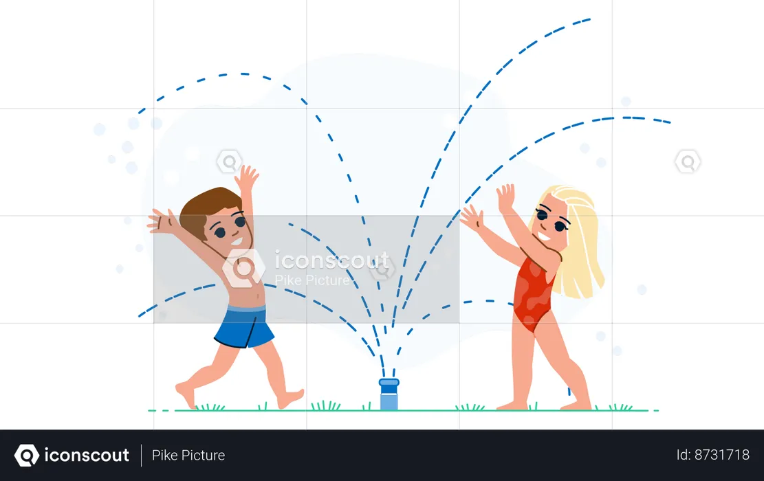 Kids are enjoying in garden sprinkler  Illustration