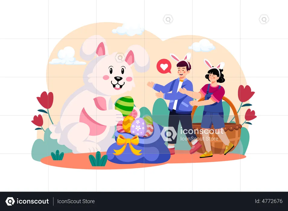 Kids asking Easter bunny for Easter gift  Illustration
