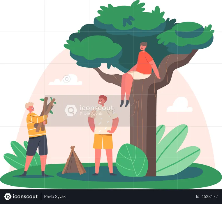 Kids building tree house  Illustration