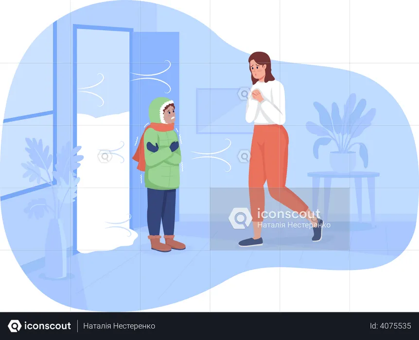 Kids came home to mother from cold temperature  Illustration