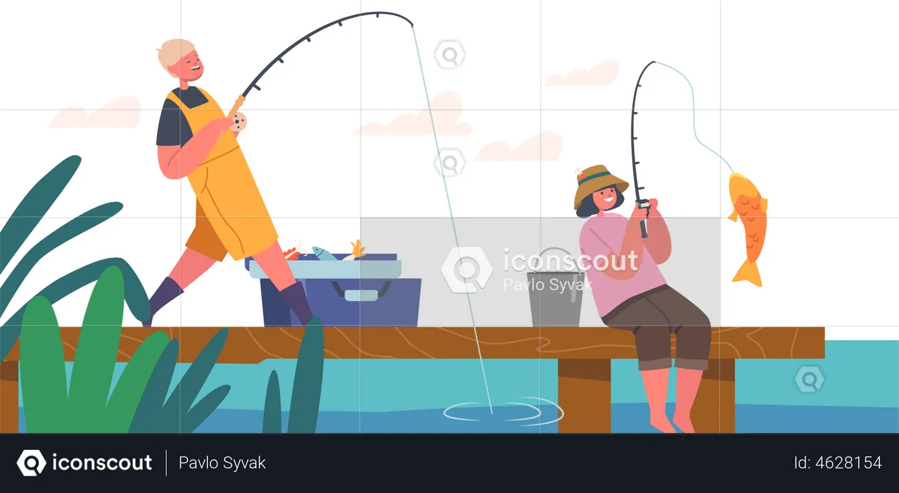 Kids catching fish using fishing rod  Illustration