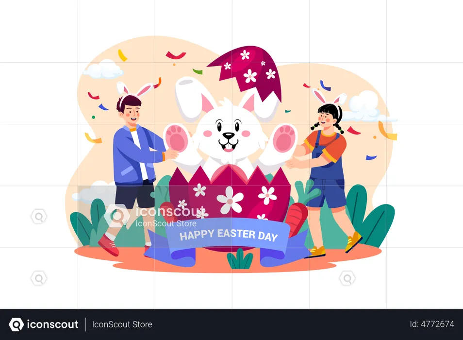 Kids celebrating Easter with Easter bunny  Illustration