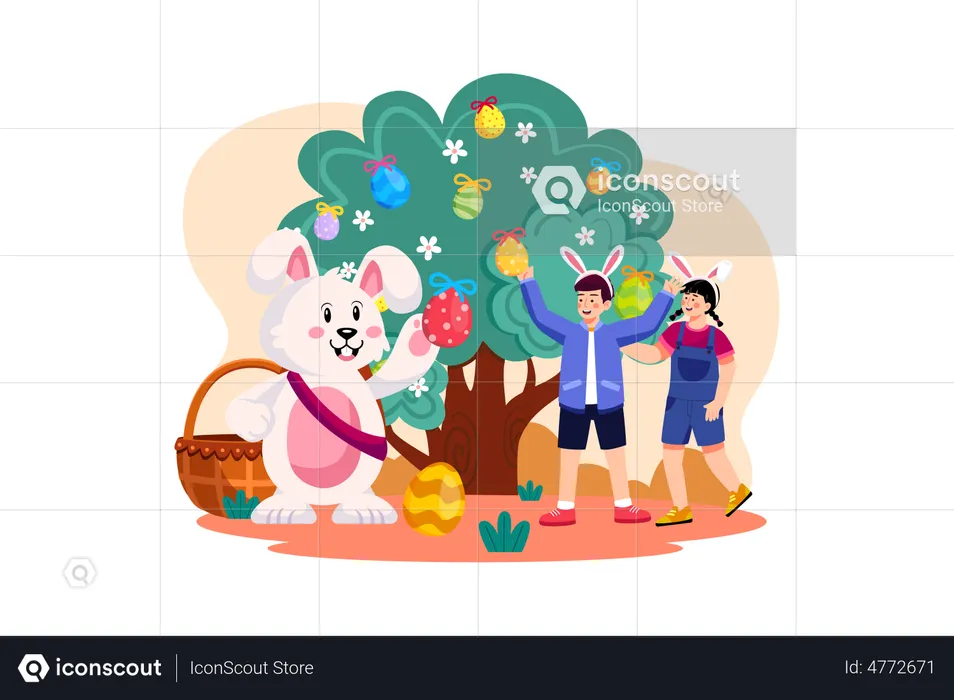 Kids celebrating Easter with easter rabbit  Illustration