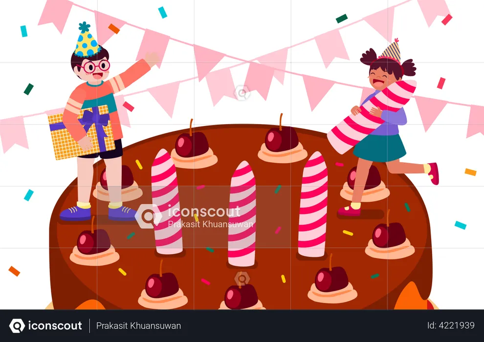Kids celebrating with birthday cake  Illustration