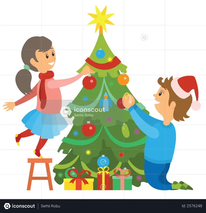 Kids decorating christmas tree  Illustration