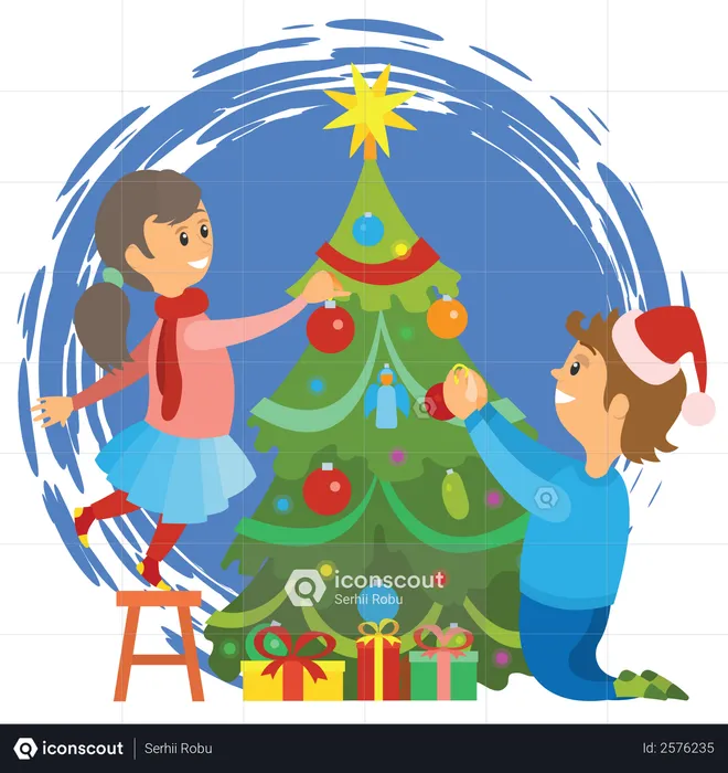 Kids decorating christmas tree  Illustration