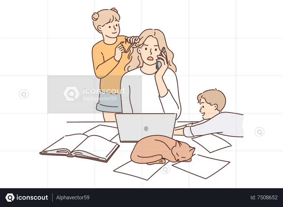 Kids disturbing mother while working  Illustration