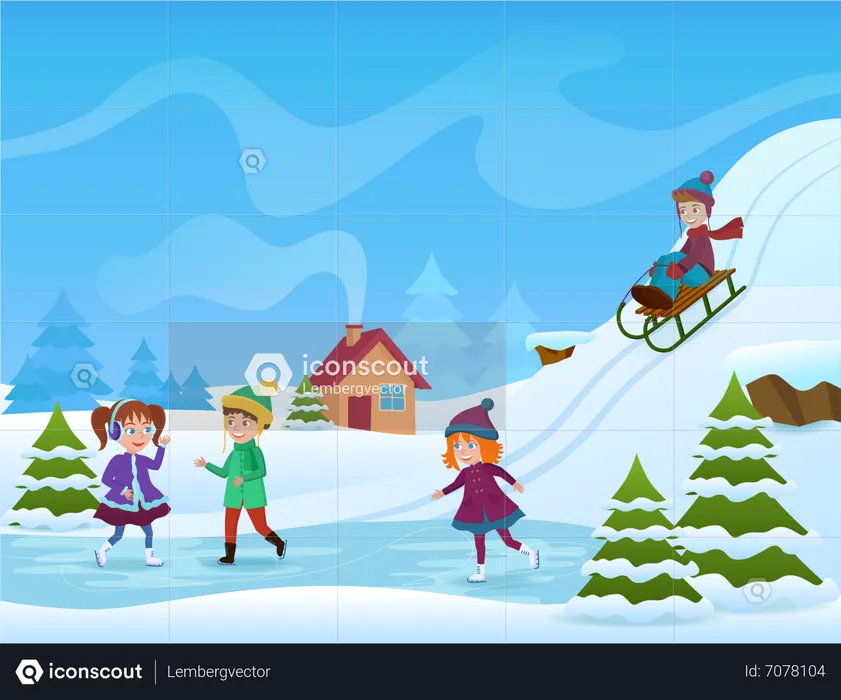 Kids Doing Ice Skating  Illustration