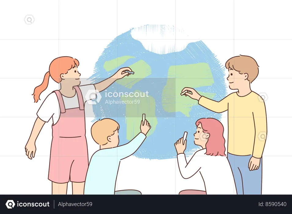 Kids draw earth planet together  Illustration
