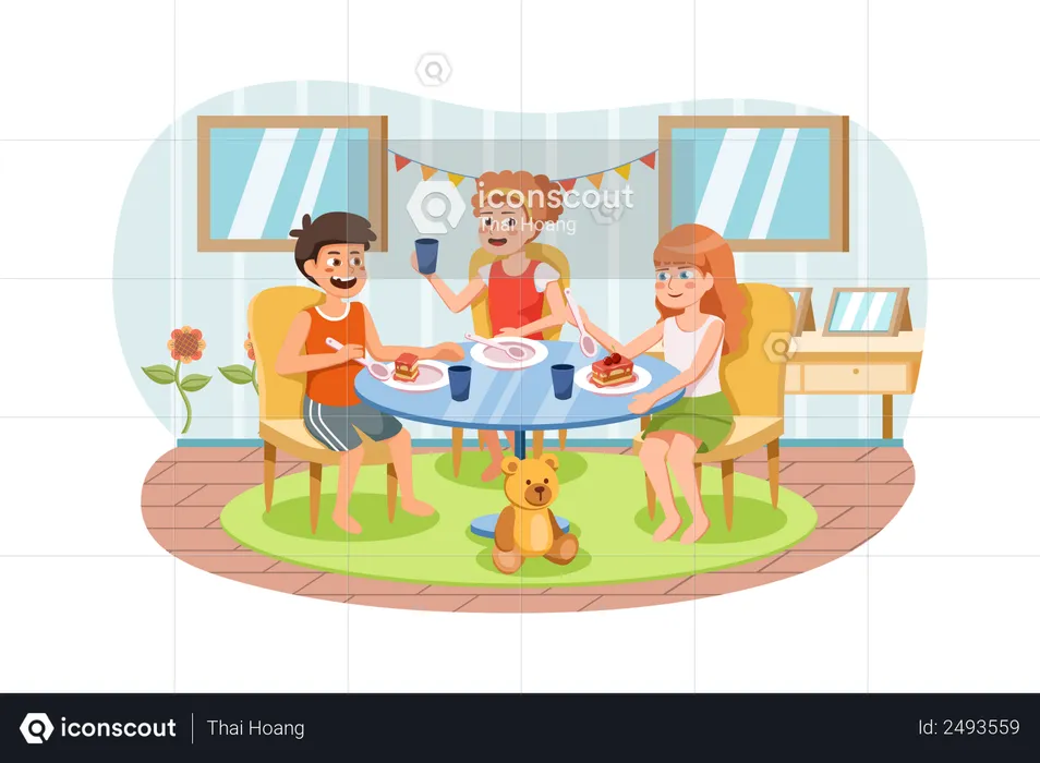 Kids eating meal in preschool  Illustration