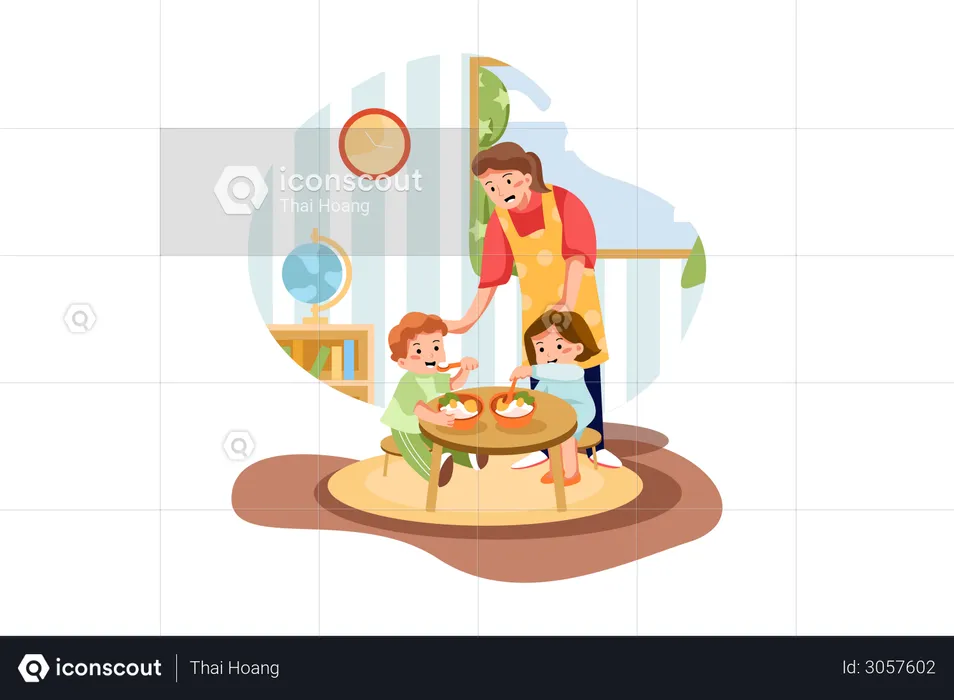 Kids eating meal in preschool  Illustration