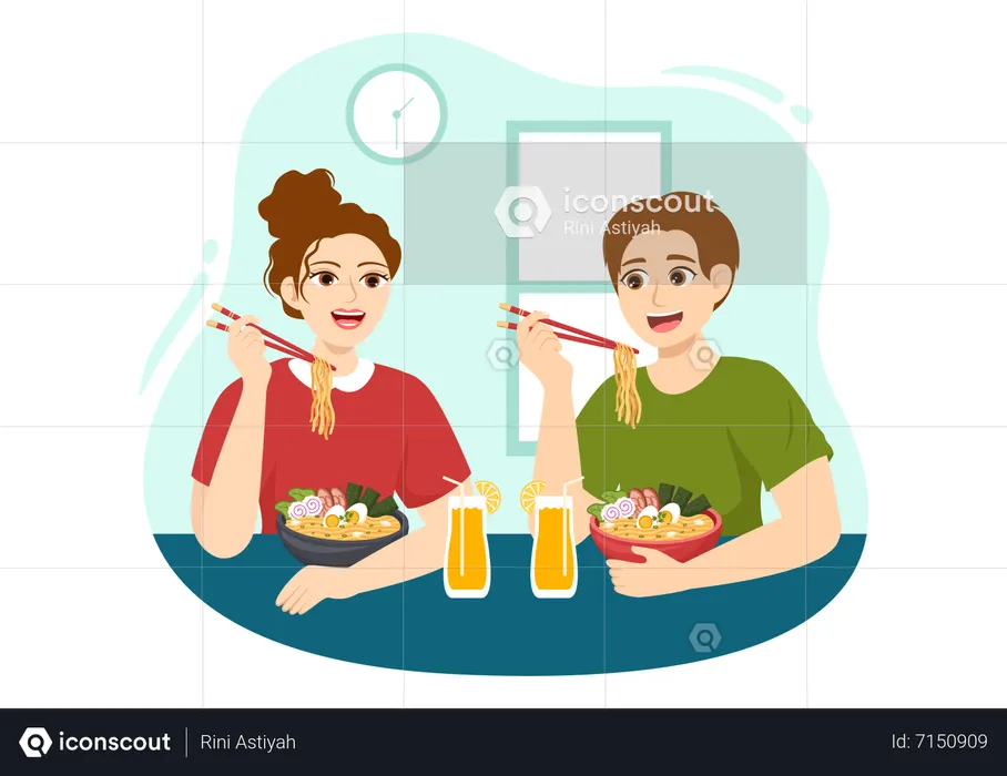 Kids Eating Ramen  Illustration