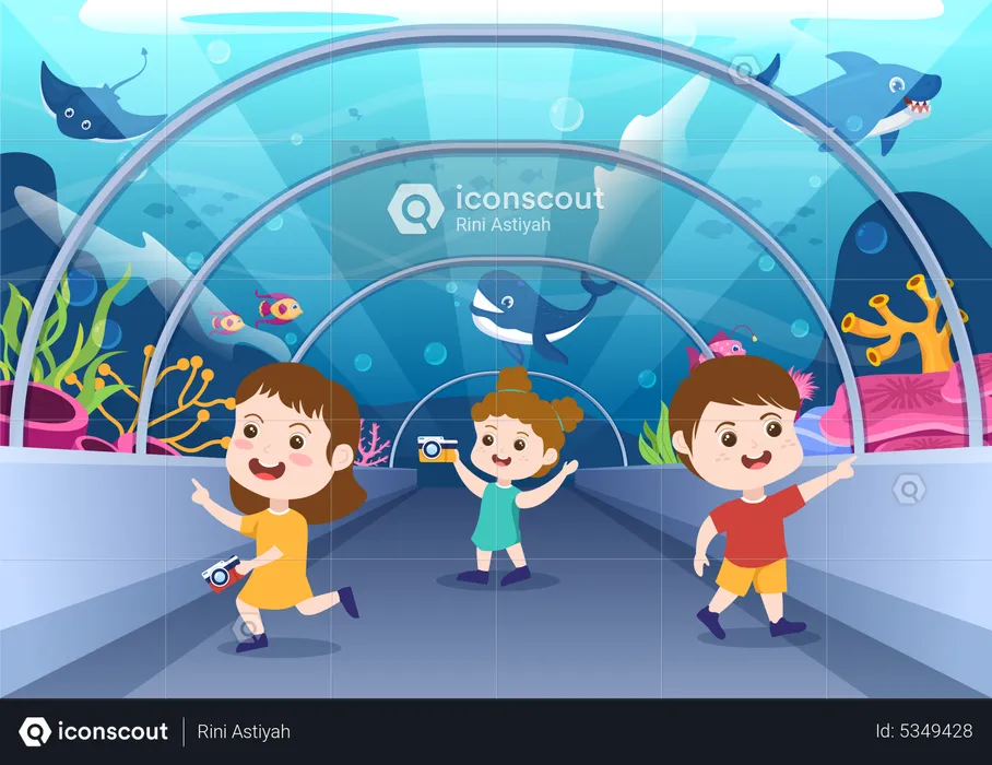 Kids enjoying at fish aquarium  Illustration
