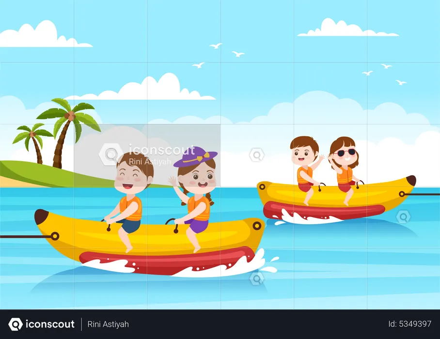 Kids enjoying banana boat jet ski  Illustration