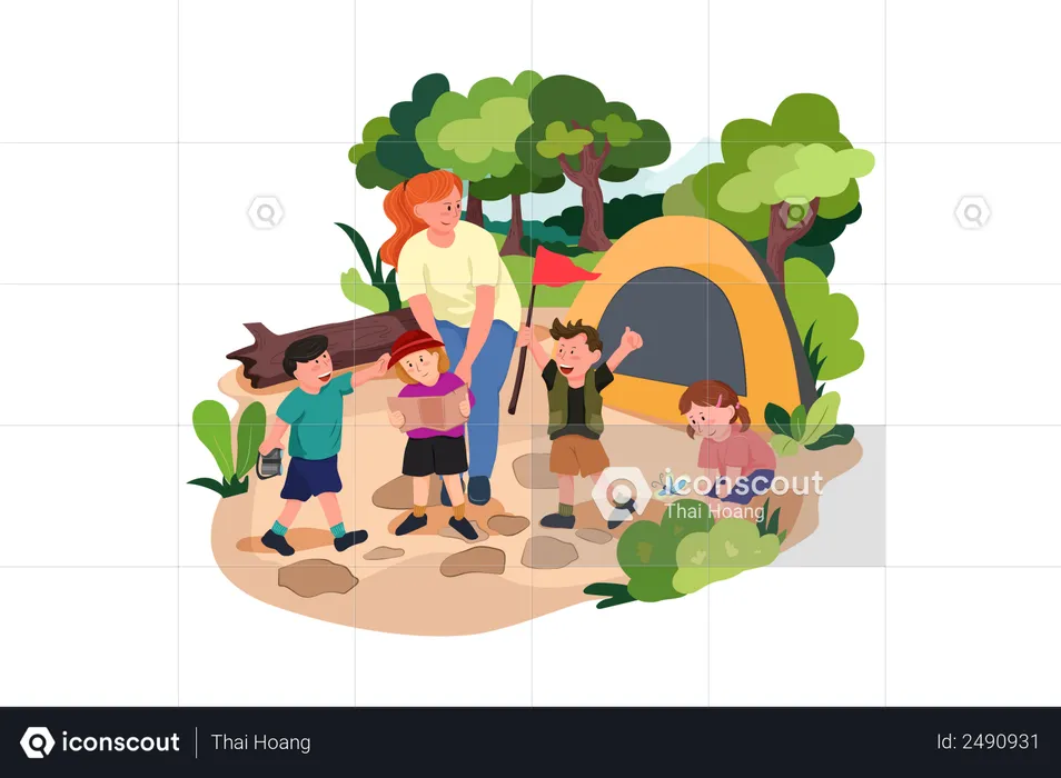 Kids enjoying camping on school trip  Illustration