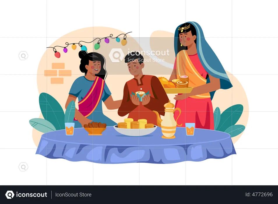 Kids enjoying Diwali sweets  Illustration