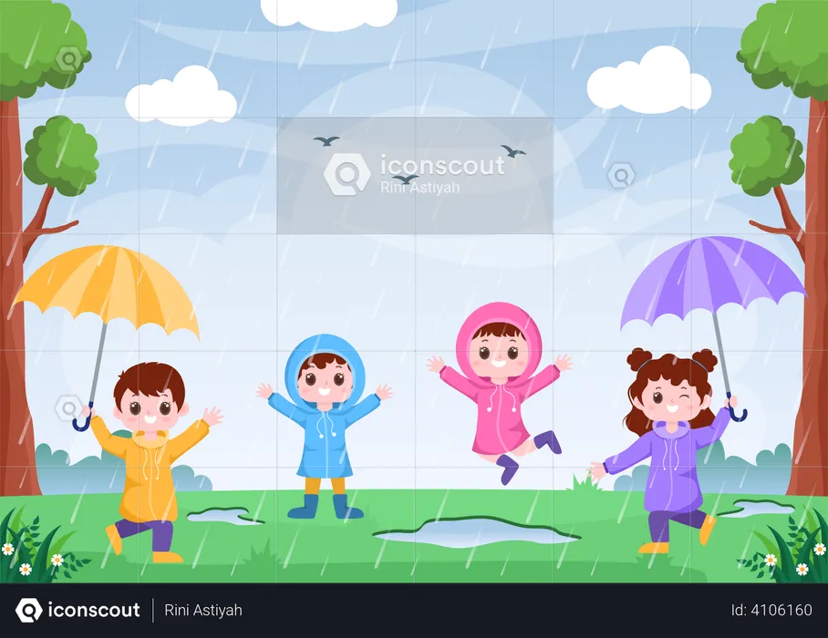 Kids enjoying rain  Illustration