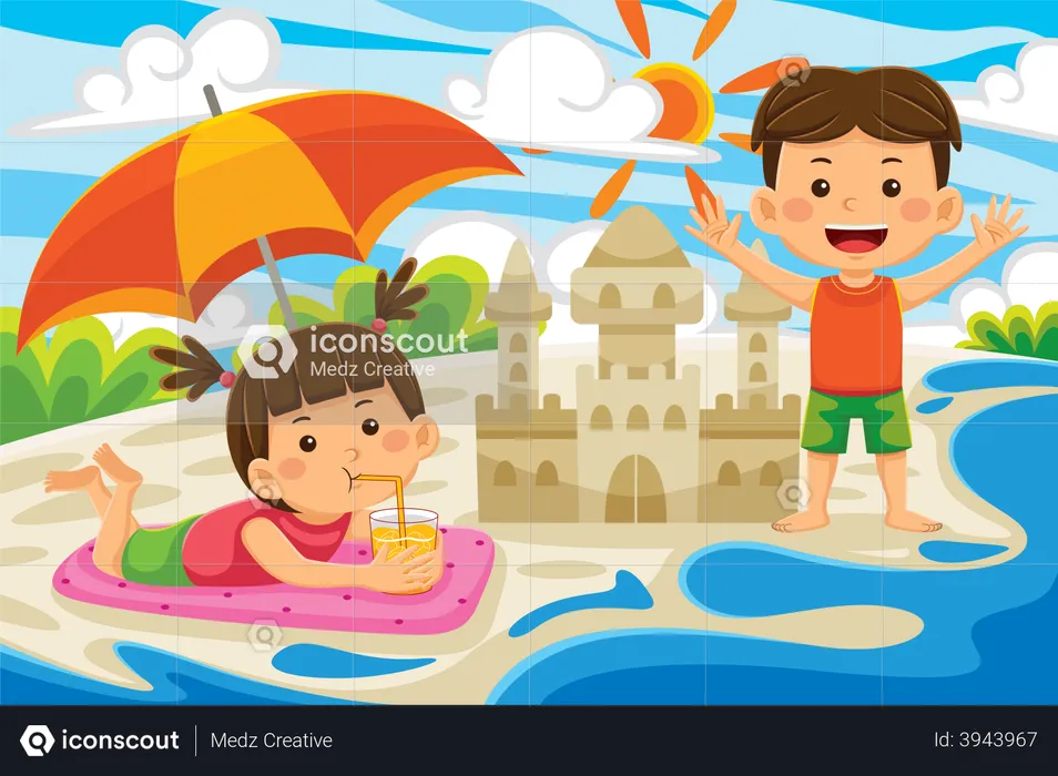 Kids enjoying summer vacation at beach  Illustration