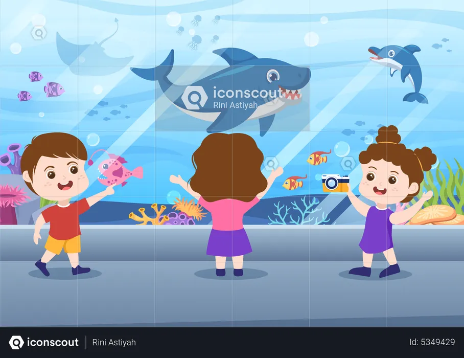 Kids exploring aquatic life at aquarium  Illustration