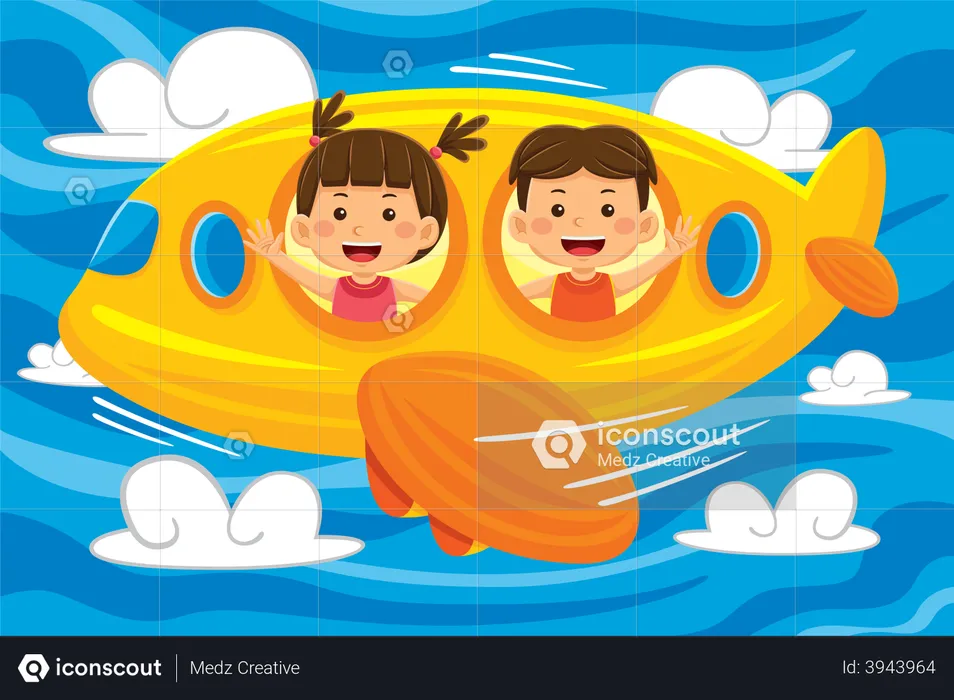 Kids Flying on a plane  Illustration