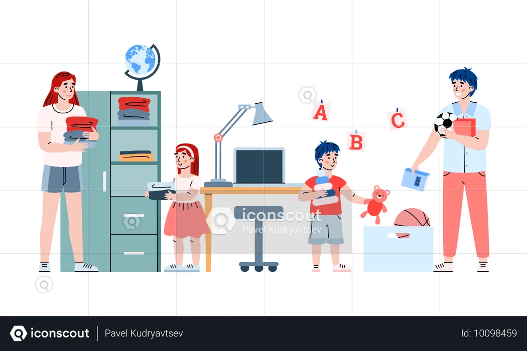 Kids girl and boy help to parents with housework  Illustration