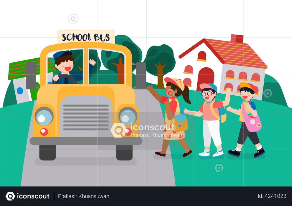 Kids going to school catching the school bus  Illustration