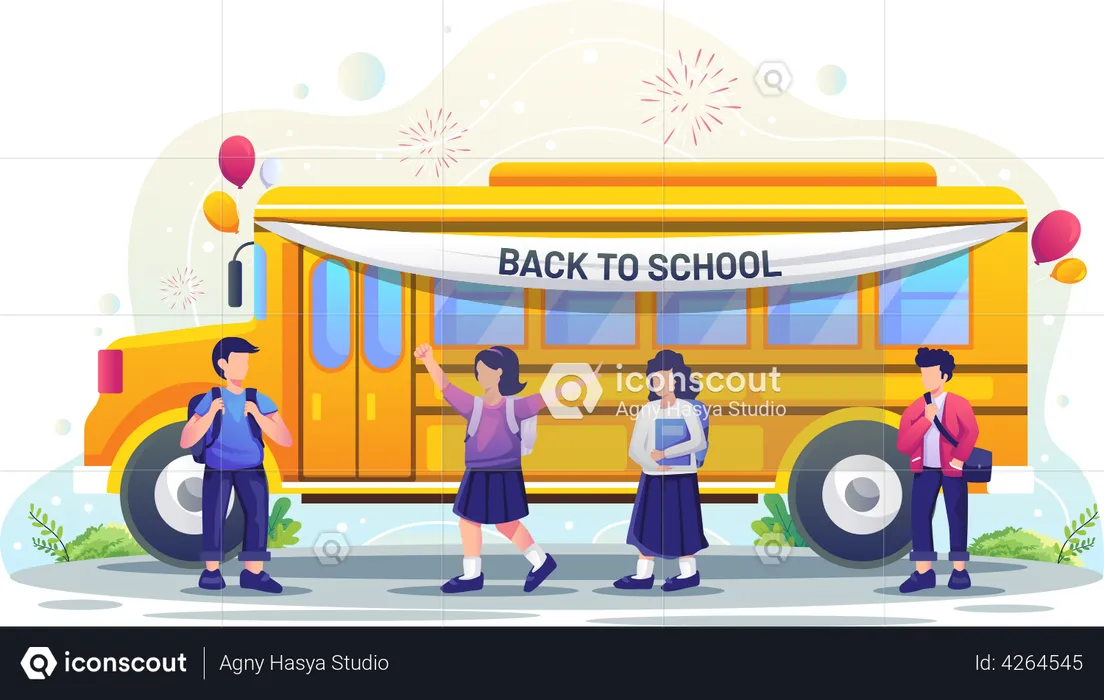 Kids going to school in bus  Illustration