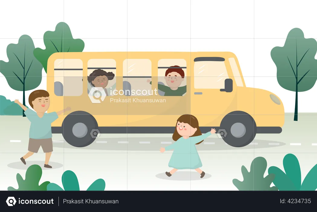 Kids going to school in school bus  Illustration