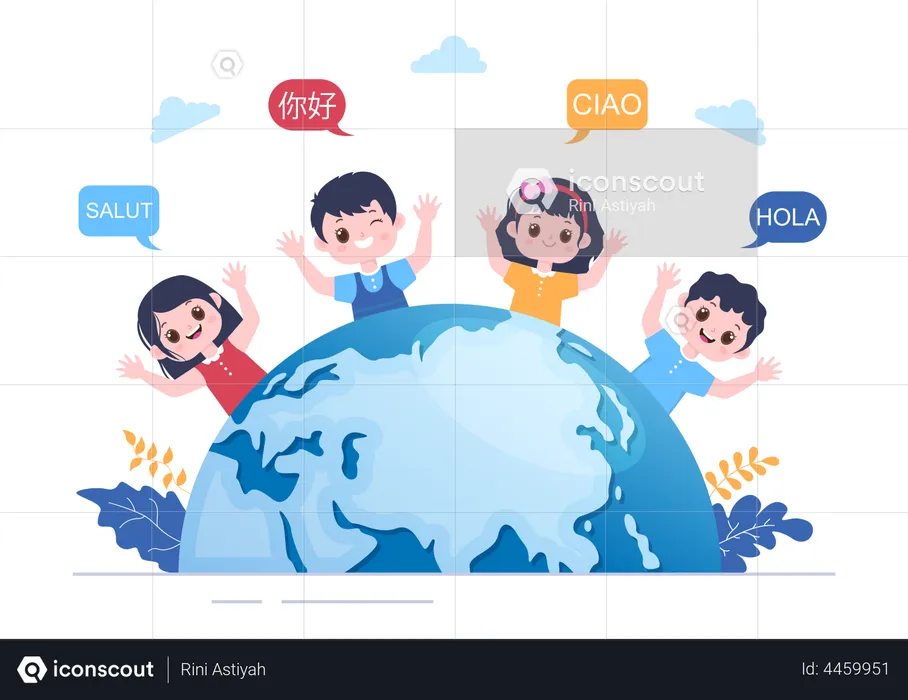Kids greeting in their mother tongue  Illustration
