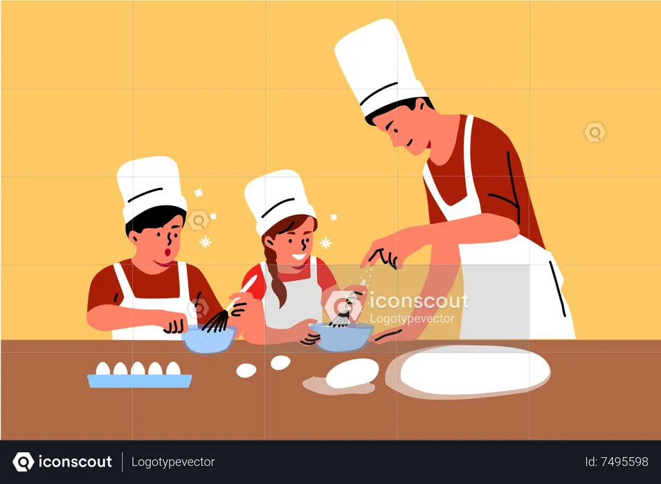 Kids helping to father in kitchen  Illustration