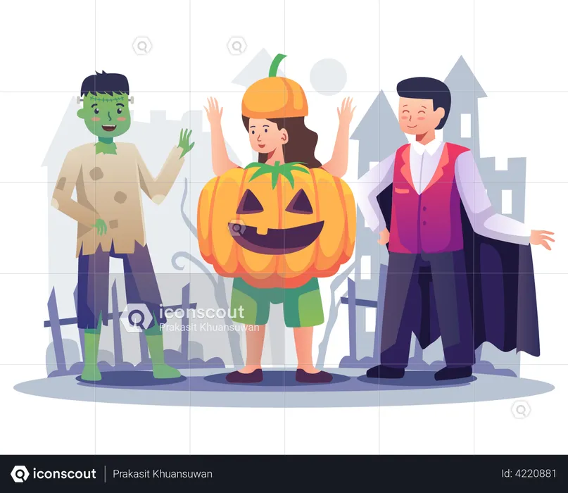 Kids in Halloween clothes  Illustration