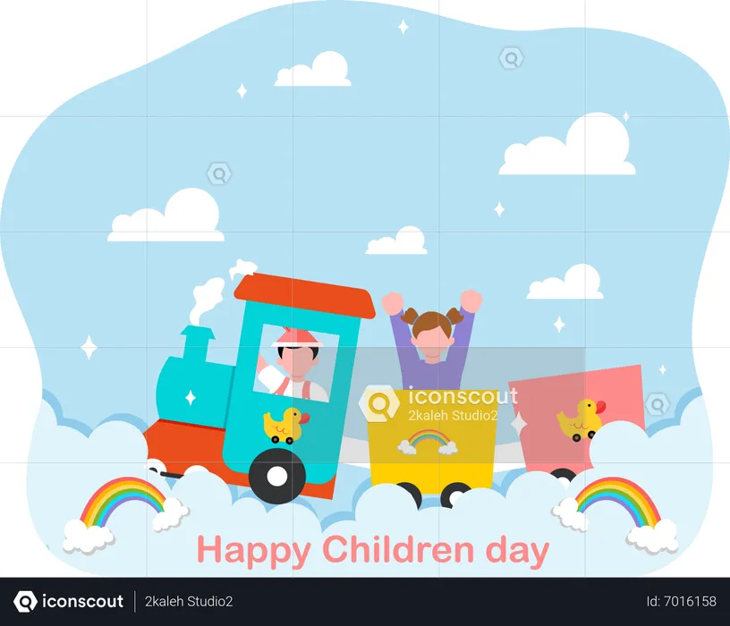 Kids in toy train  Illustration