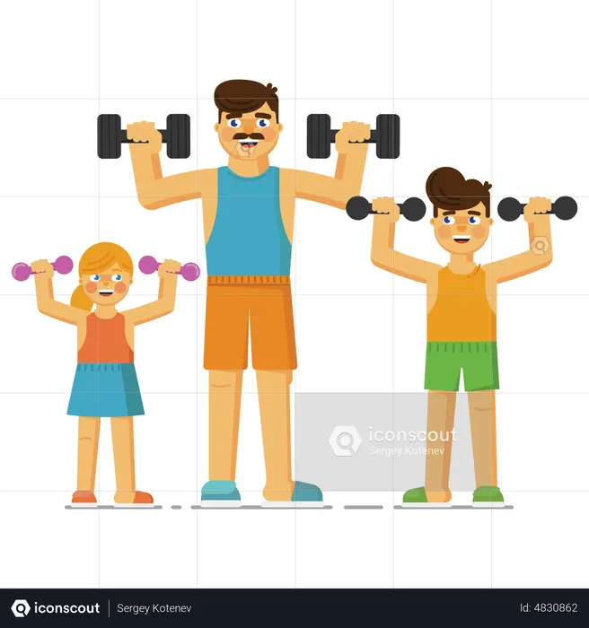 Kids lifting dumbbells with father  Illustration