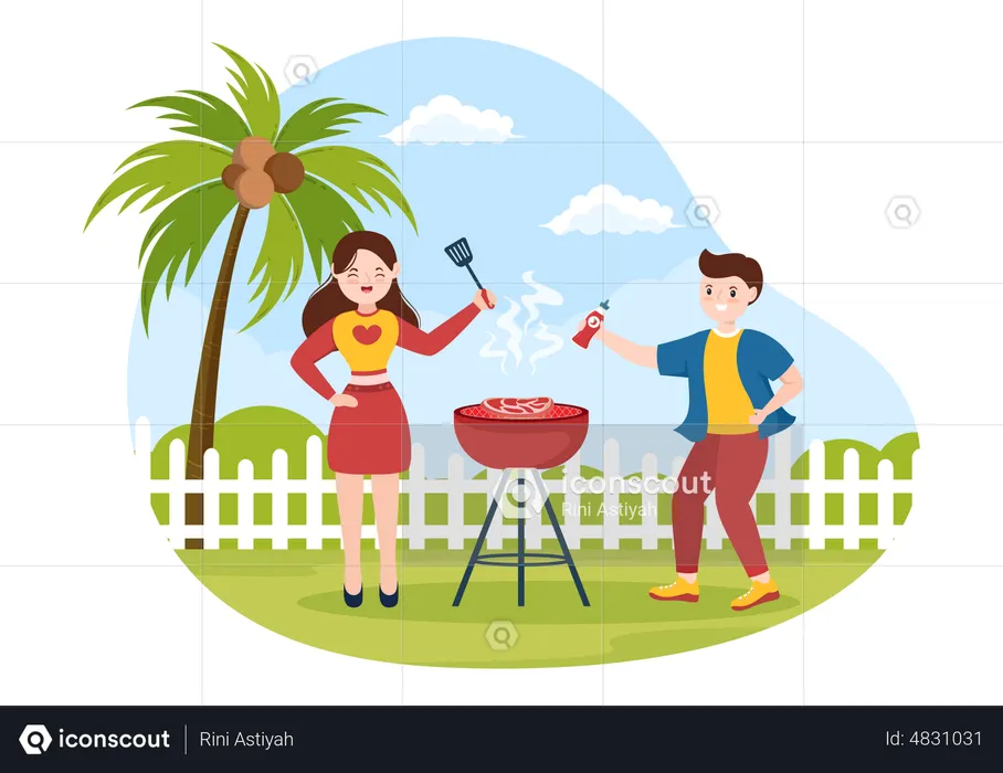 Kids making barbeque at park  Illustration