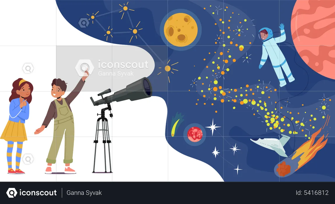 Kids observe outer space world using telescope  Illustration