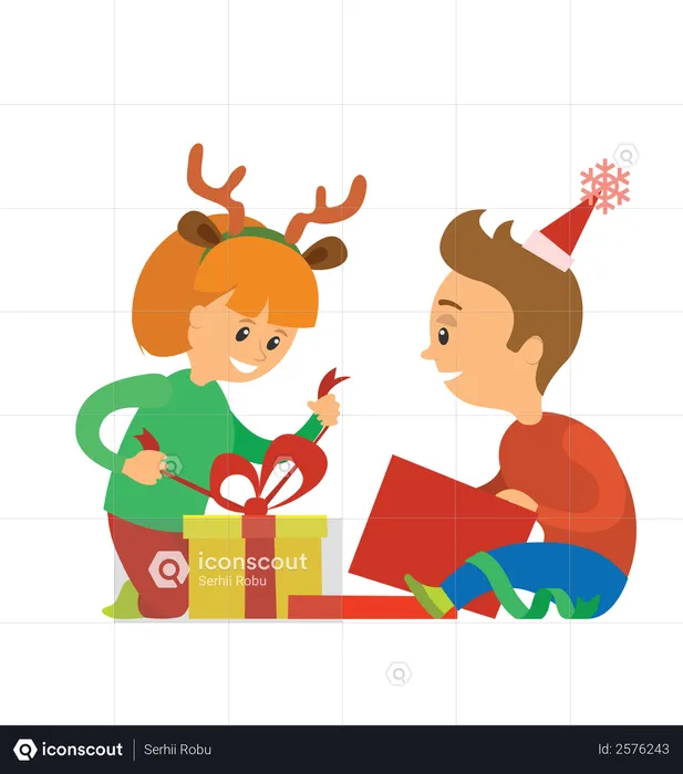 Kids opening christmas gifts  Illustration
