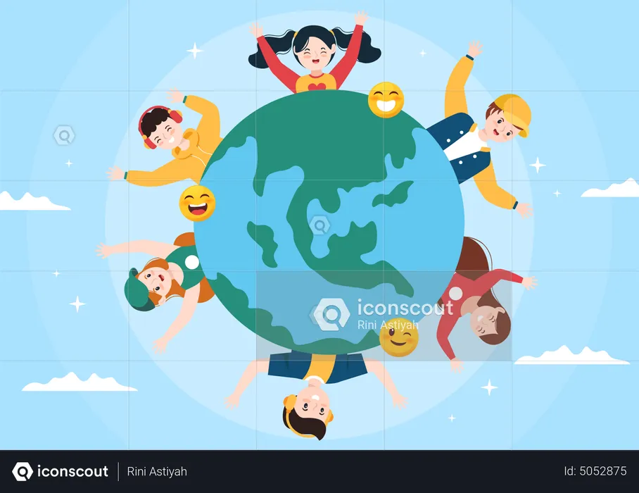 Kids over globe celebrate world smile day  Illustration