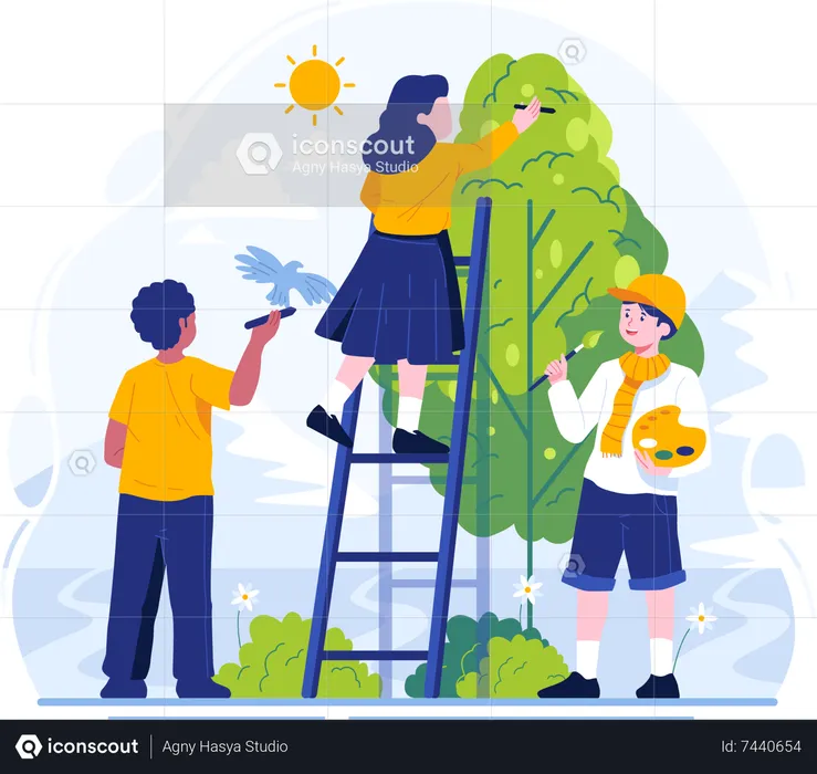 Kids painting and drawing on wall  Illustration