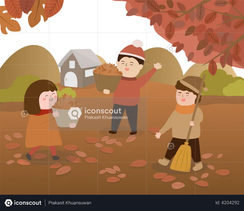 Kids planting a tree and son sweeping leaves  Illustration