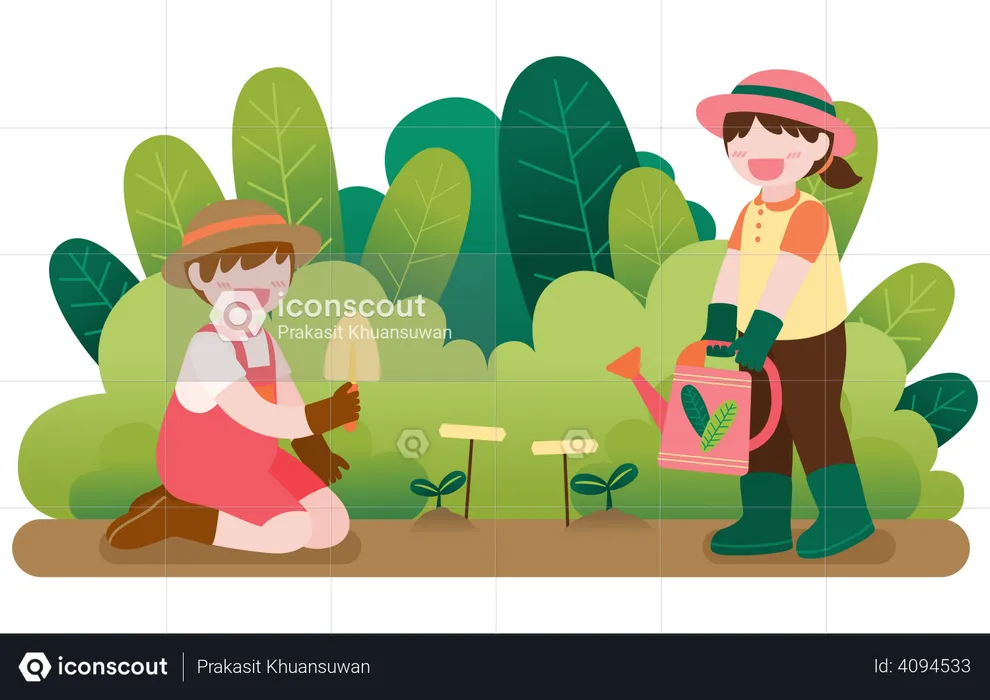 Kids Planting and Watering Tree on garden  Illustration