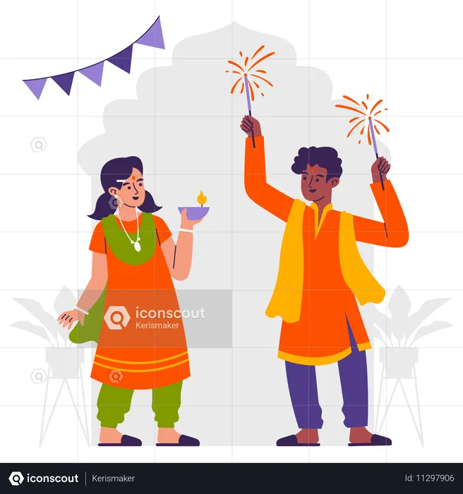 Kids Play Fireworks in Diwali  Illustration