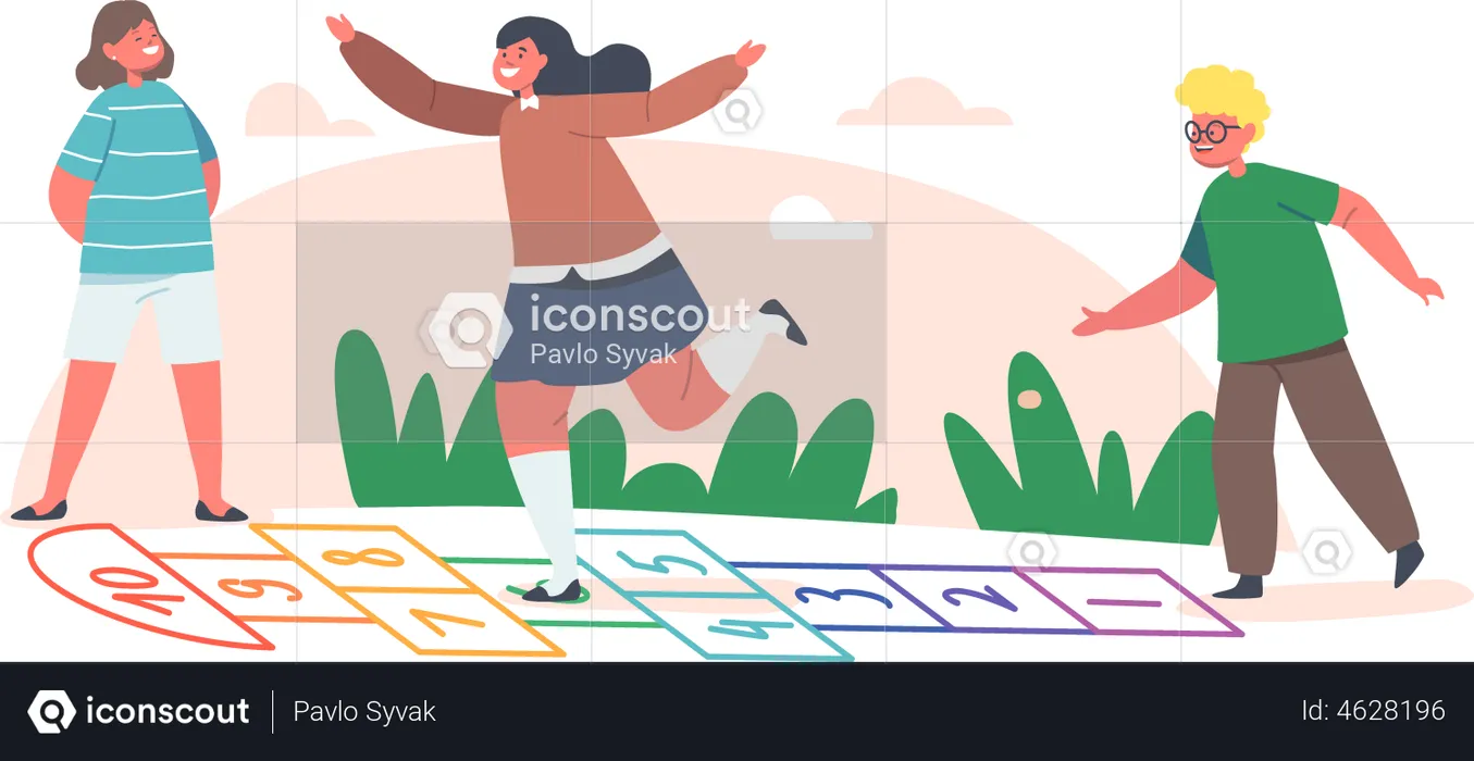 Kids Play Hopscotch Game at House Yard  Illustration