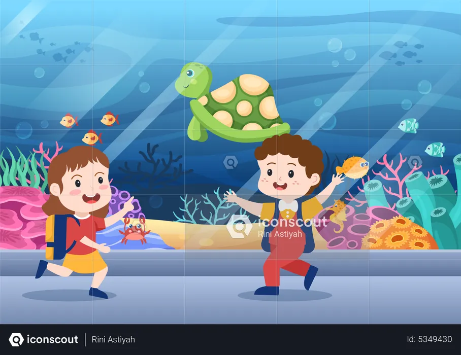 Kids playing at aquarium  Illustration