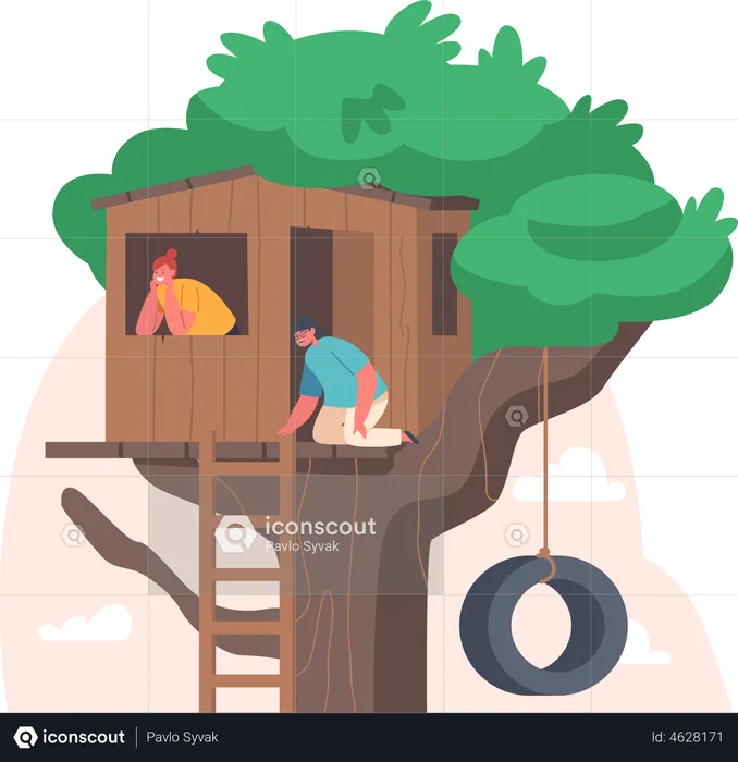 Kids playing at tree house  Illustration