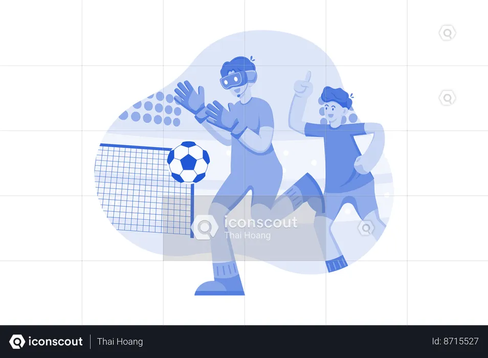 Kids playing football game in metaverse  Illustration
